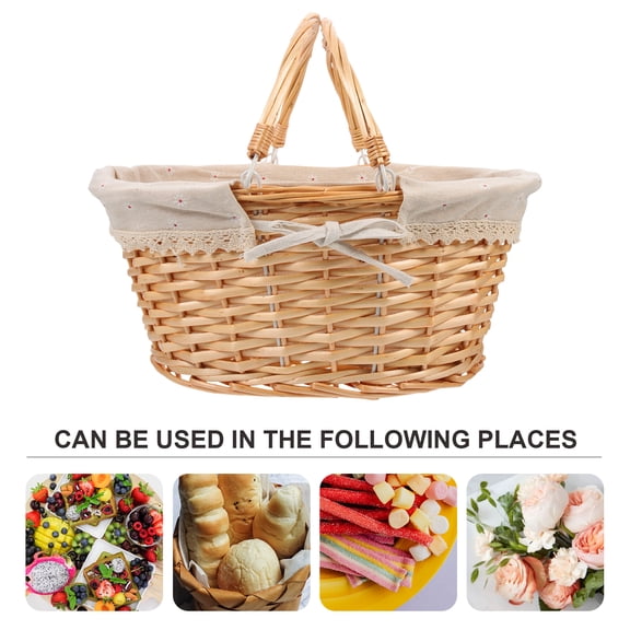 14x6.7" Natural Wicker Basket Willow Handle Linen Lining Gift Picnic