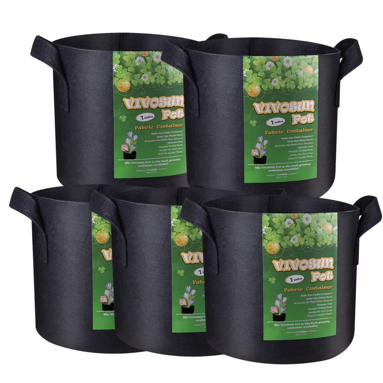 VIVOSUN 5-Pack 1~30 Gallons Grow Bags Heavy Duty Thickened Nonwoven Fabric Pots 