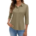 thumbnail image 3 of Women's Solid Color Polo Shirts 3/4 Sleeve Button Down Collared Shirts Business Casual Work Tops Athletic Tennis Golf Shirt 3 Buttons Spring & Autumn Work Basic Blouse Light Brown L, 3 of 6