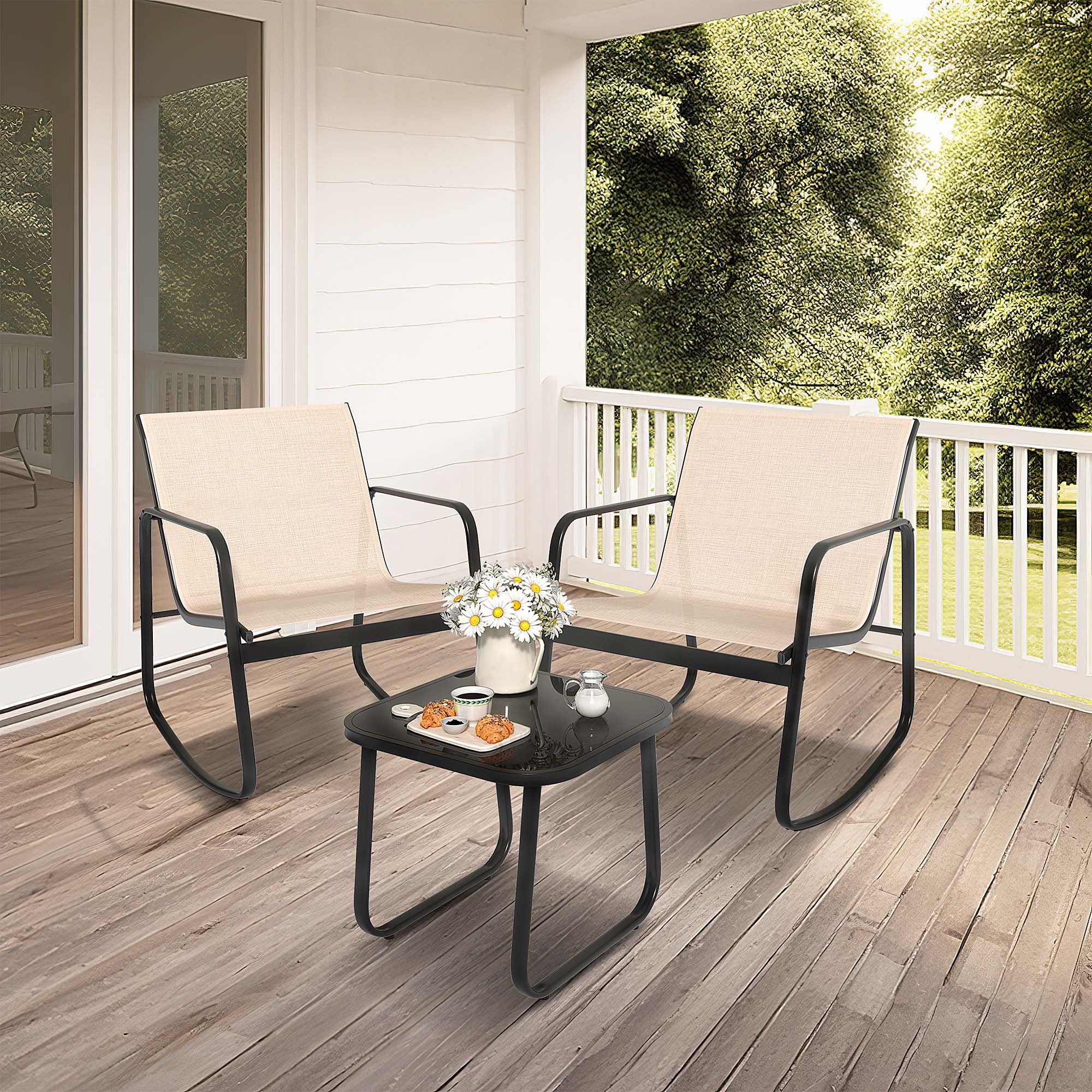 Uforic 3 Pieces Outdoor Patio Conversation Set, Textilene Patio Bistro Set with Coffee Table, Modern Rocking Bistro Chair - Brown