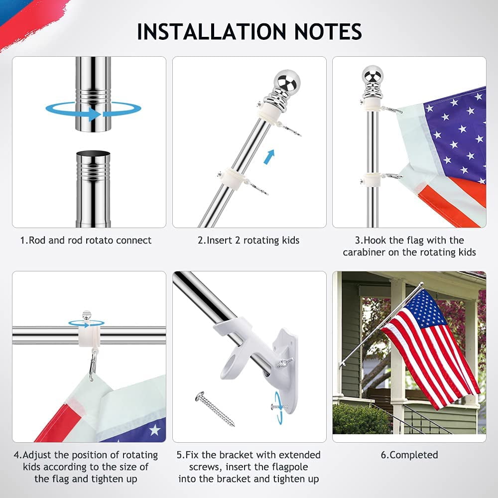 DIIG 6FT Flag Pole Kit For American Flag, Stainless Steel Rustproof FlagPoles And Mounting Bracket For Outdoor Residential House Garden Yard Truck-Black Color