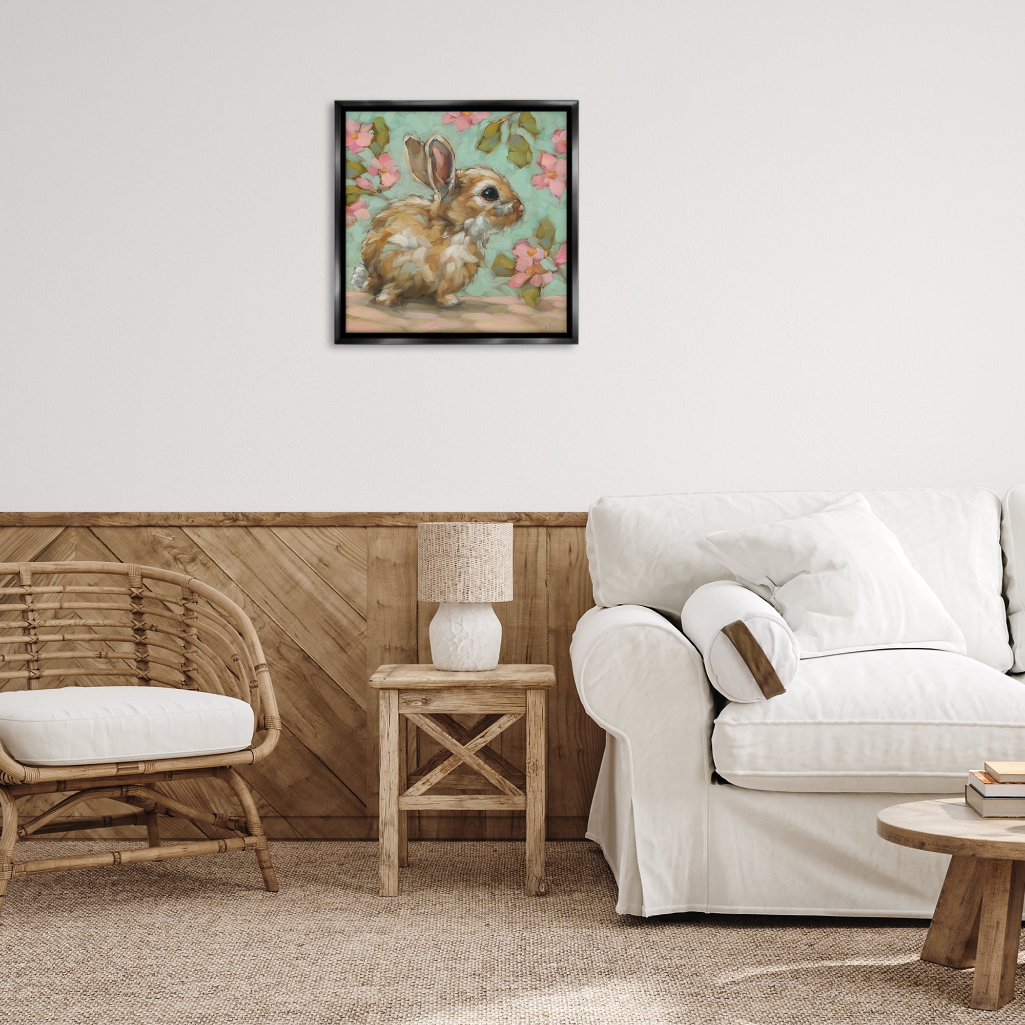 Stupell Industries Baby Bunny & Florals Animals Painting Black Floater Framed Canvas Art Print Wall Art, 25 x 25
