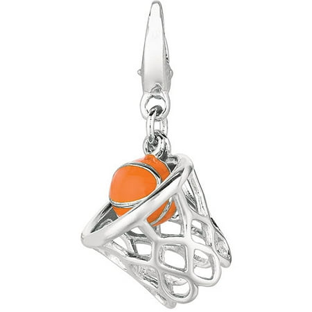 Women's Sterling Silver 3D Basketball in Hoop Clip-On Charm
