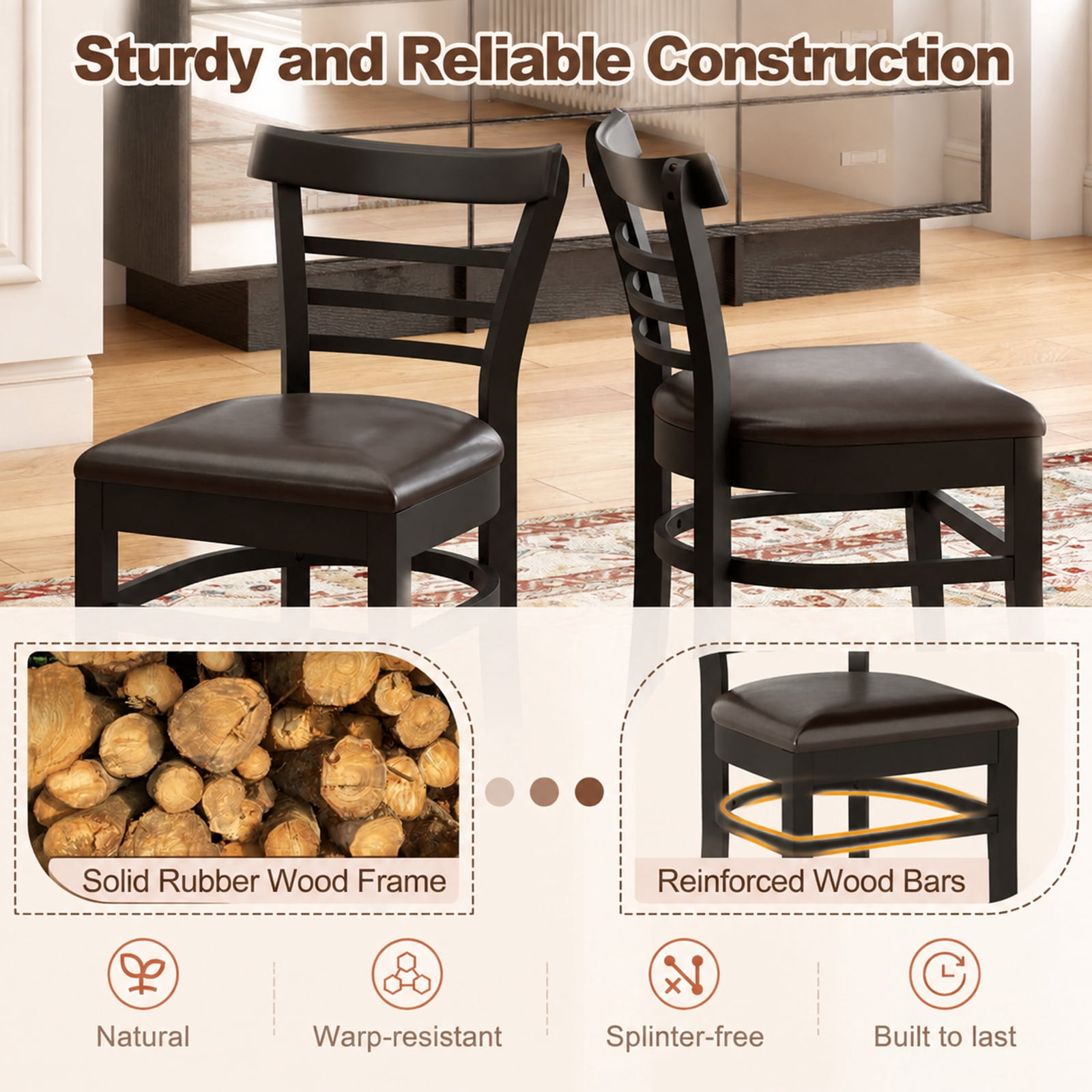 Furnibear Wooden Dining Chairs Set of 2 with Faux Leather Seats and Rubber Wood Legs for Restaurant Kitchen and Dining Room, Black