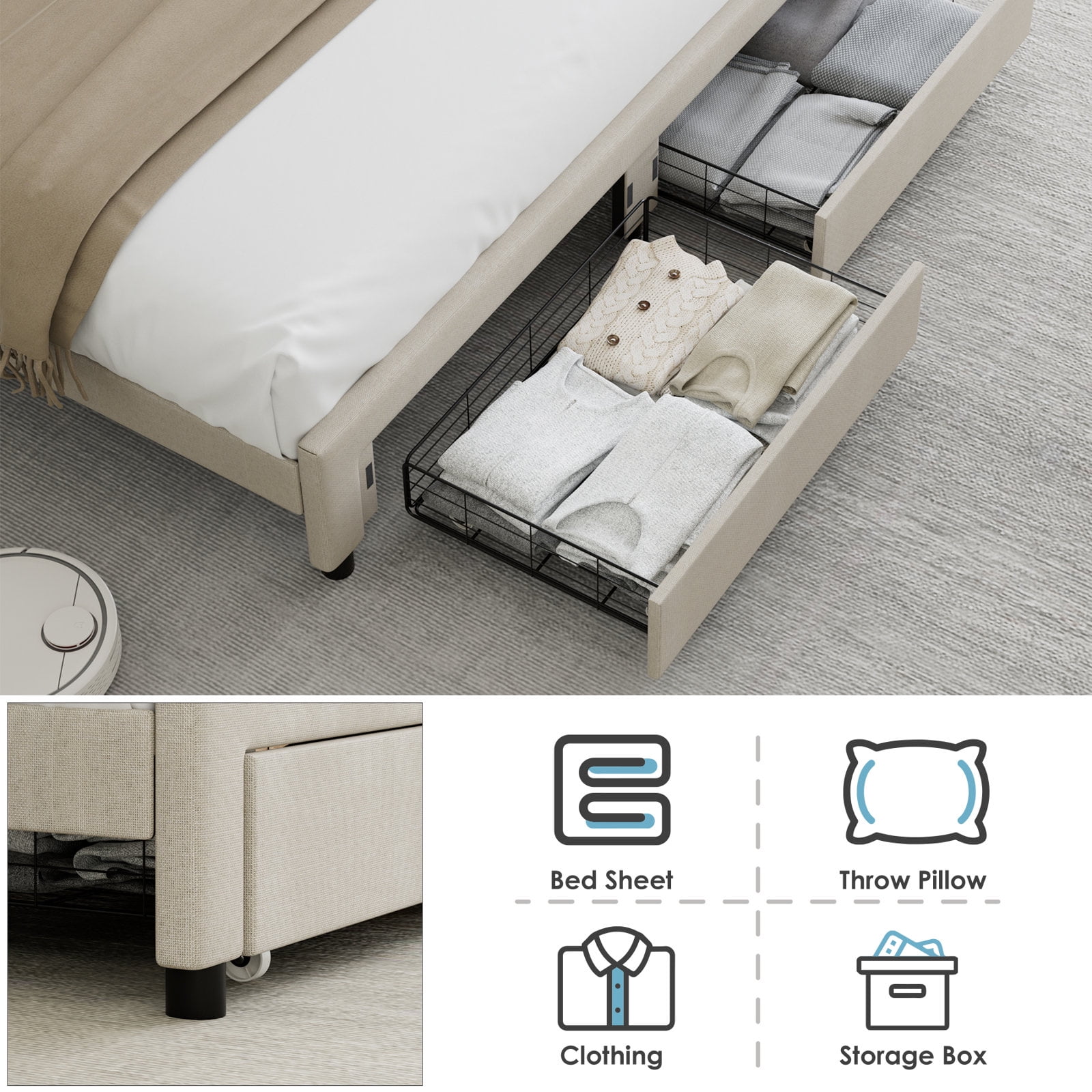 Homfa King Size Bed Frame with 2 Drawers, Tufted Linen