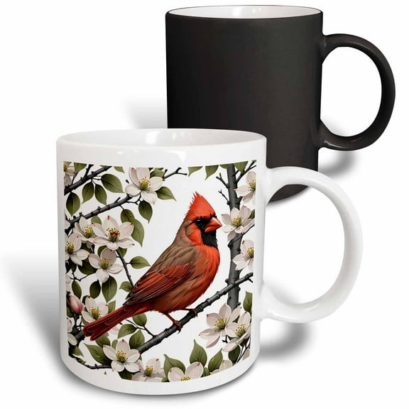 3drose, Red Cardinal Bird Surrounded by Flowering Dogwood, 11oz Magic Transforming Mug