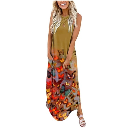 

Juebong Fashion Women Summer Casual Print Pockets Sleeveless Loose Long Dress