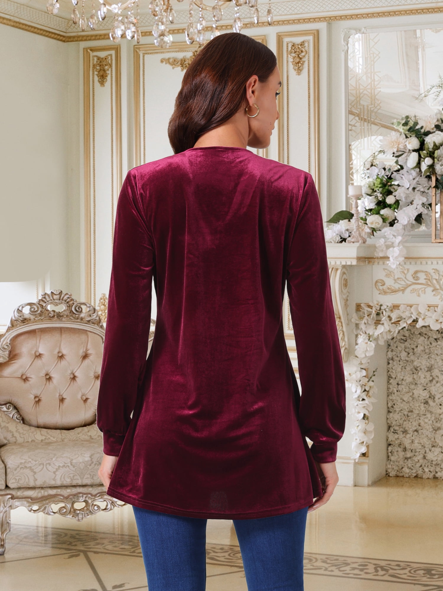 DARING DIVA Women's Velvet Top V Neck Long Sleeves Loose Blouse S Wine Red