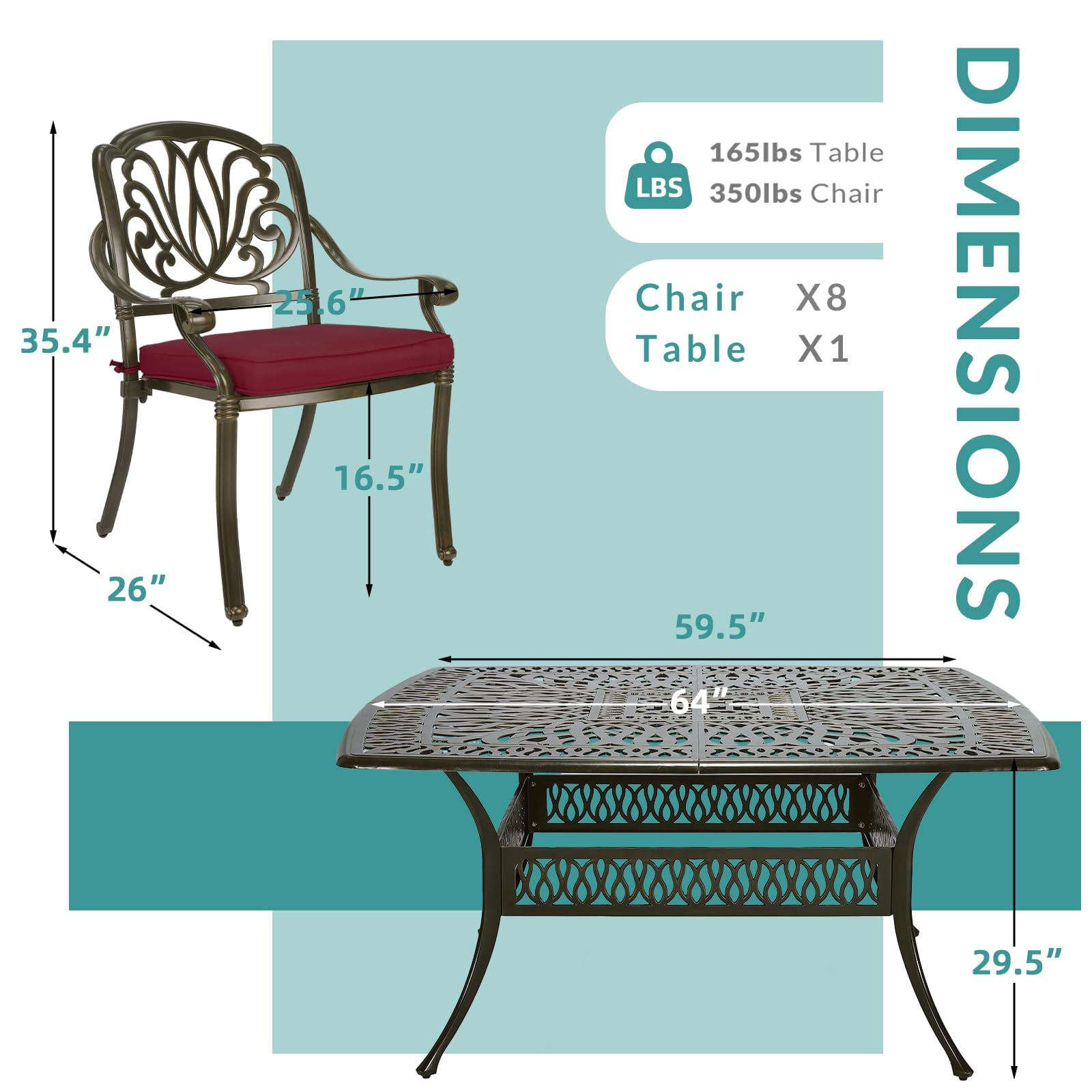 MEETWARM 9-Piece Outdoor Furniture Dining Set for 8, All Weather Cast Aluminum Patio Dining Set- Large 64" Square Table with Umbrella Hole and 8 Cushioned Chairs, Patio Table and Chairs Set, Red