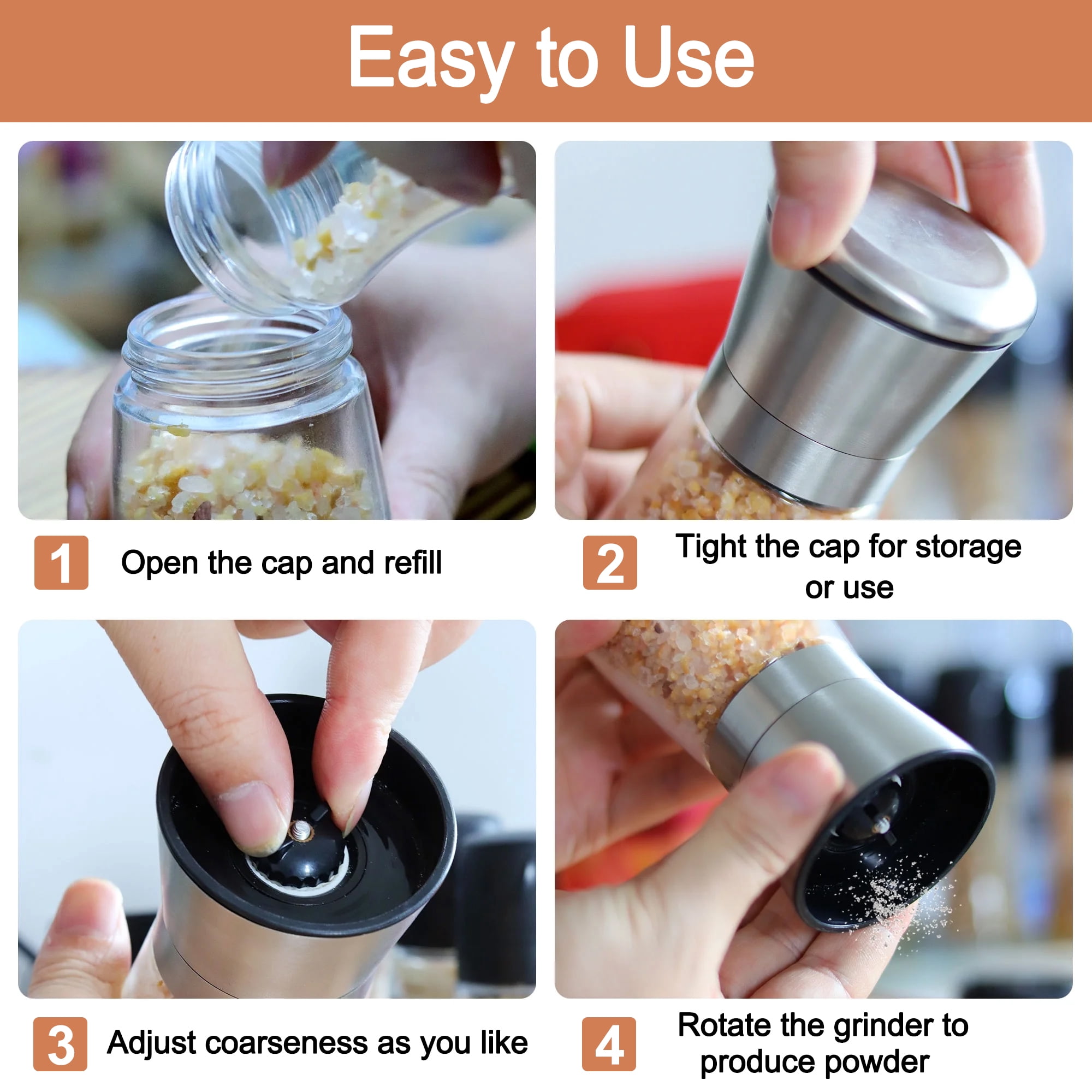 2 Pack Salt and Pepper Grinder Set, Adjustable Coarseness Stainless Steel Spice Mills, Manual Spice Grinders for Sea Salt Black Pepper Spices