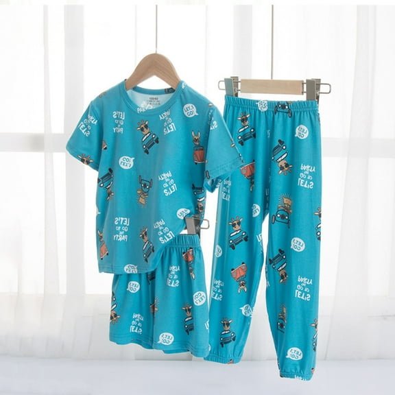 DAETIROS Boys Pajamas Sets 3PC-Soft Fashion Short Sleeve Shirts Shorts and Pants Boys Summer Sleepwear Clothes on Clearance Blue Size 3-11