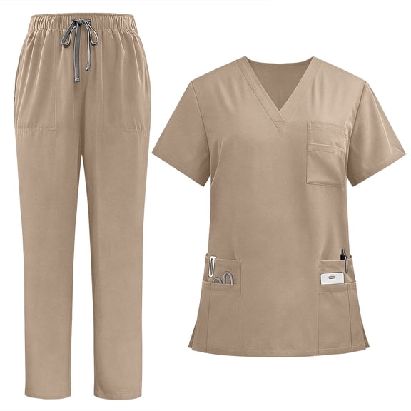 2 Piece Scrubs Set For Women V-Neck Scrub Shirts & Straight Leg Pants Nurse Workwear Medical Uniform Outfits With Multi Pockets