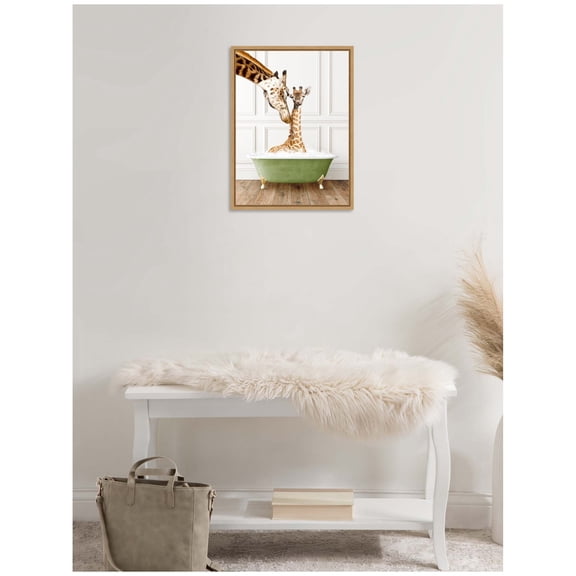 Kate and Laurel Mother and Baby Giraffe in Transitional Bathtub Framed Canvas Wall Art by Amy Peterson 18 x 24 Sylvie Natural, Whimsical, Animals, Humor, Bathroom Art for Wall Decor, Living Room,