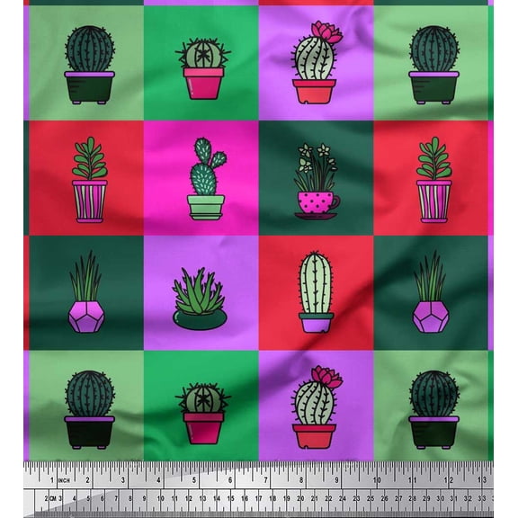 Soimoi Polyester Crepe Fabric Cactus Tree Printed Fabric 1 Yard 52 Inch Wide