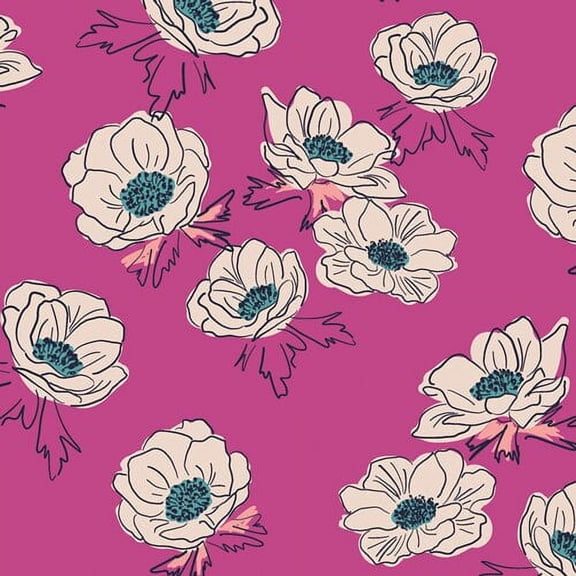 Hot pink turquoise floral fabric, Anemone Falls AGF Trouvaille cotton, Sold by the Quarter Yard