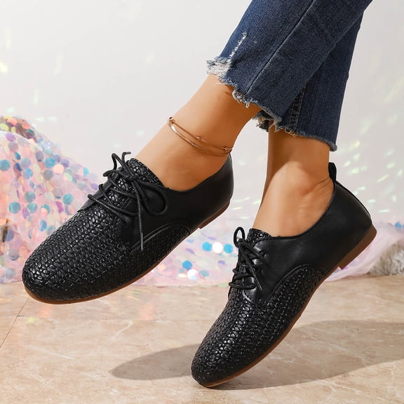 Xucatan Women's Woven Detail Lace up Flats with Heel Tab, Breathable Casual Walking Shoes with Flexible Flat Sole, Versatile Classic Color Sneakers for Fall Winter Commuting Gift