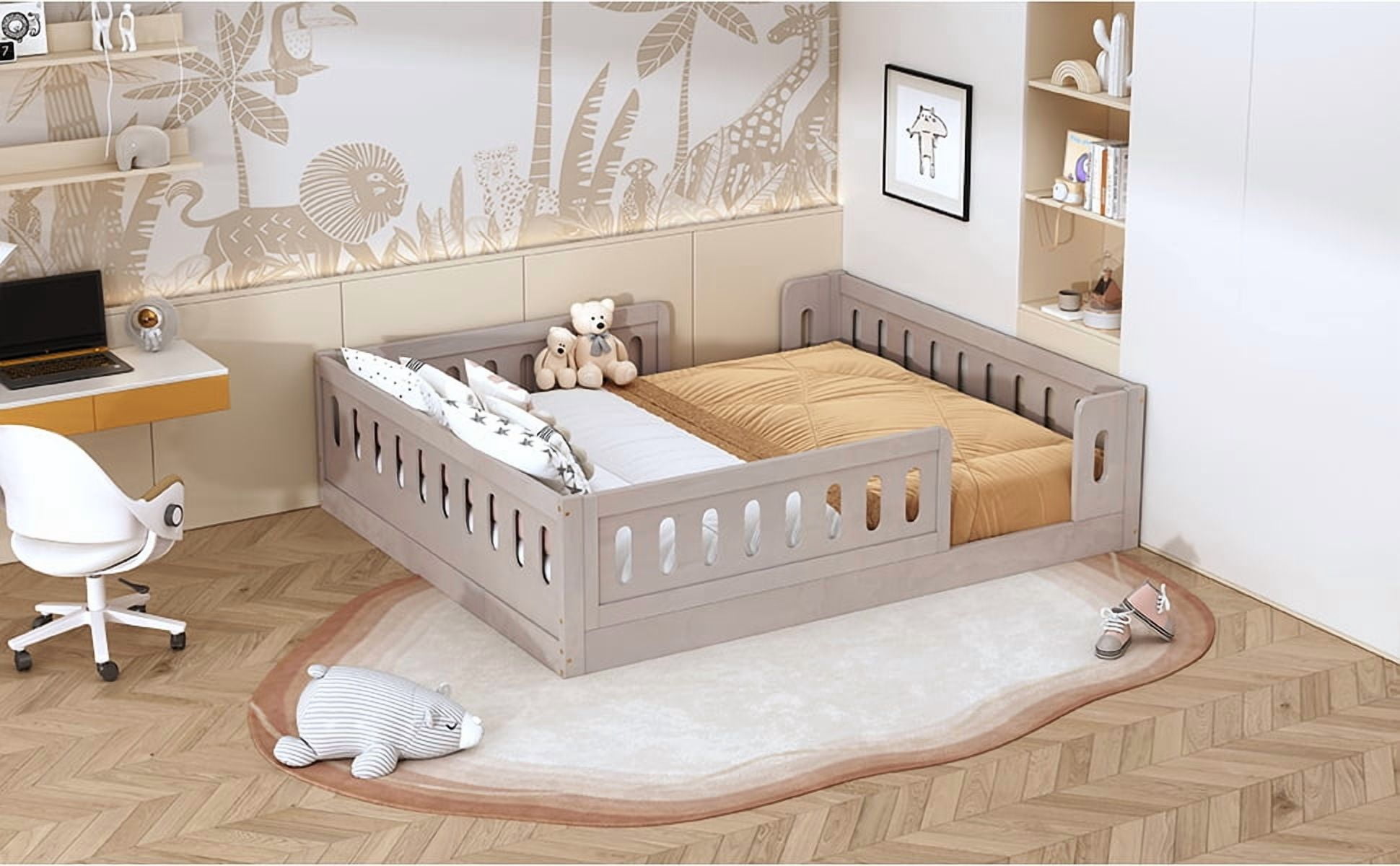 Solid Pine Wood Full Size Kids Platform Bed with Semi-Enclosed Safety Guardrail, Fits 6"-8" Mattress No Box Spring Needed Low Floor Bed