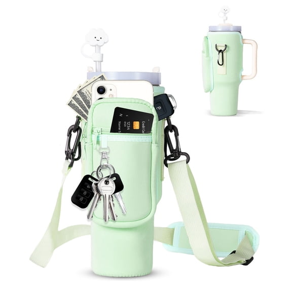 Cysiyu Water Bottle Carrier Bag with Phone Pocket for Stanley 42oz Tumbler Neoprene Water Bottle Holder Pouch with Adjustable Strap Bollus with Straw Cover & Carabiner for Stanley Cup Accessories