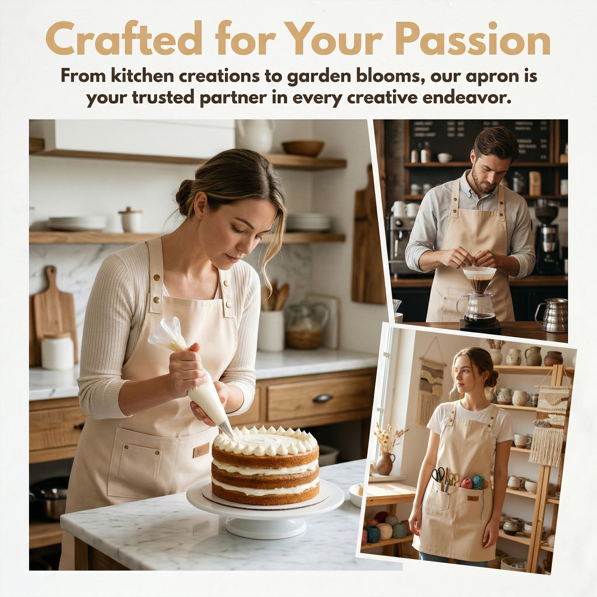Unique Bargains Durable Cotton Kitchen Apron with Pockets for Cooking 28.4x26in Beige