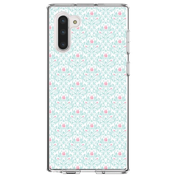DistinctInk Clear Shockproof Hybrid Case for Samsung Galaxy Note 10 (6.3" Screen) - TPU Bumper, Acrylic Back, Tempered Glass Screen Protector - Teal & Pink Rose Pattern