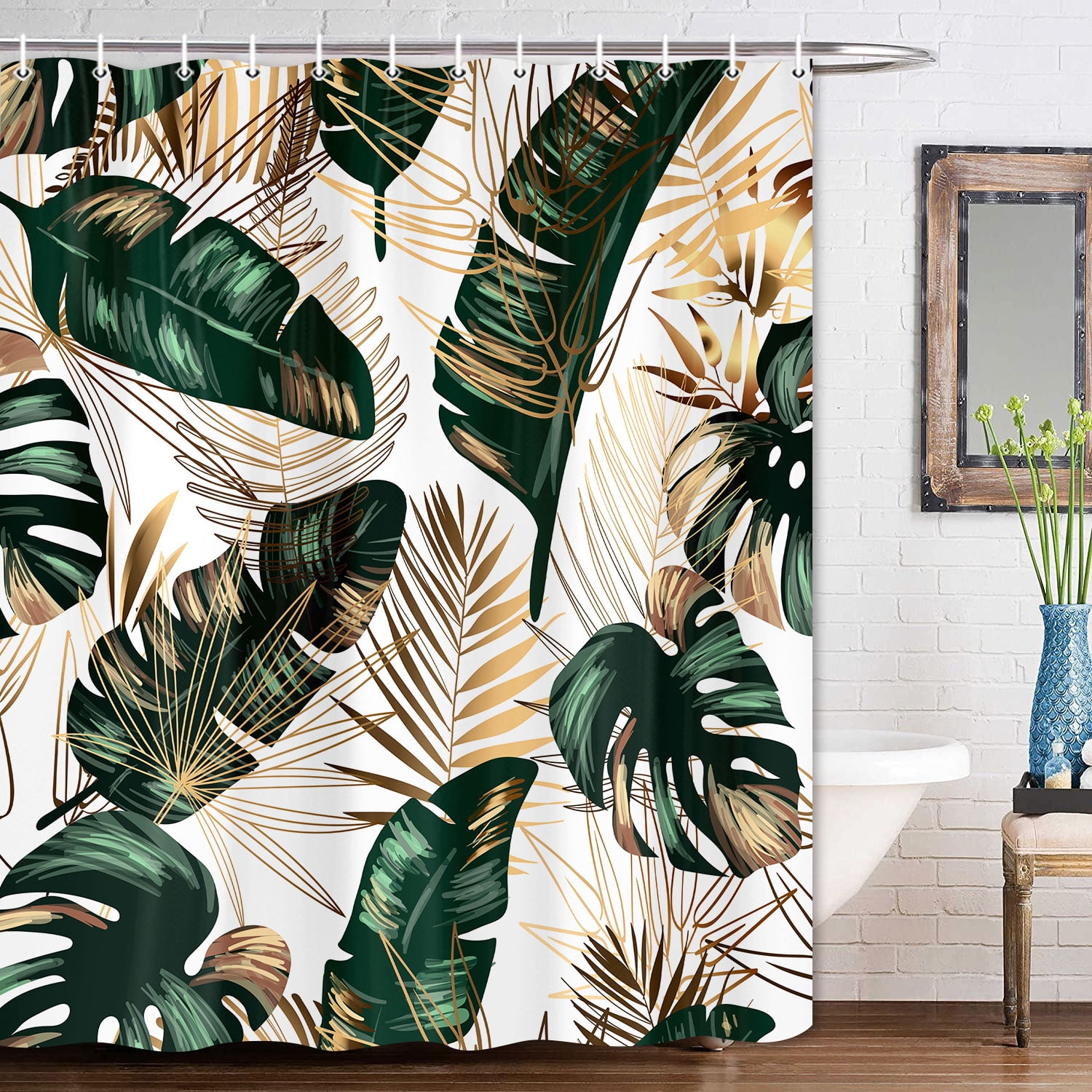 Green Tropical Jungle Leaves Shower Curtain for Bathroom,Golden Leaves Plant Shower Polyester Fabric Shower Curtains,Palm Leaf Shower Curtain Set with Hooks 72X84in