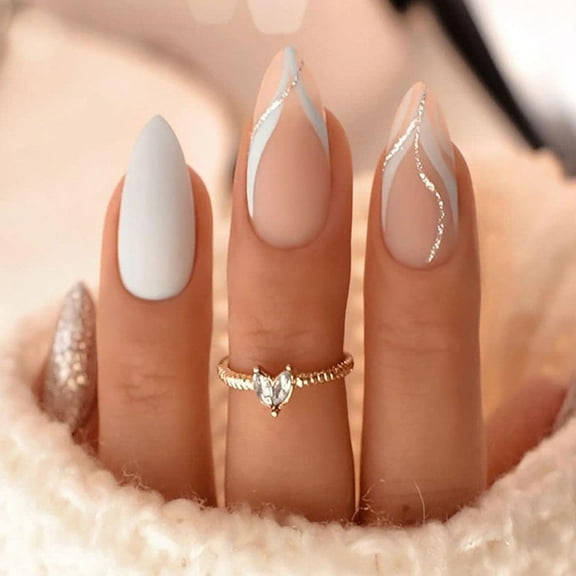 Almond Press on Nails Short Length Acrylic Medium Glue on Almond Shape Fake Nails with Glitter Design Glossy Full Cover Artificial Gel False Stick on Nail for Girls Women Wedding 24Pcs White with
