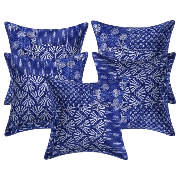 Stylo Culture Ethnic Cotton Living Room Throw Pillow Sham Covers Indigo Blue White 16 x 16 Traditional Kantha Patch Look Sofa Cushion Covers 40x40 cm Decorative Floral Square Pillowcases | Set Of 5