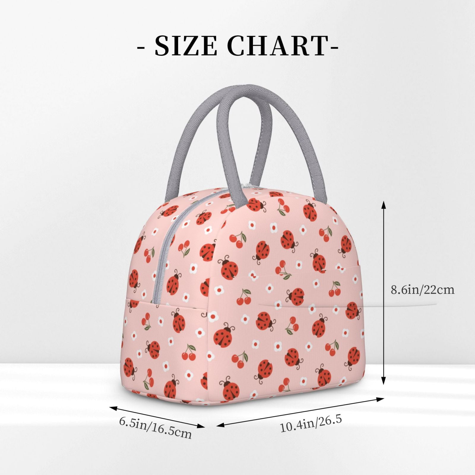 Horeoi Ladybug With Flower Pattern Large Insulated Lunch Bag for Work, School, Picnic - Waterproof, Durable Oxford Cloth, Comfortable Handle-Light Grey