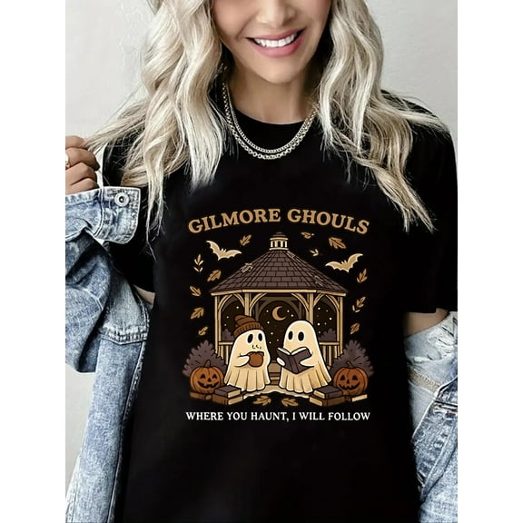 Gilmore Ghouls Print Halloween Short Sleeve Shirt for Women
