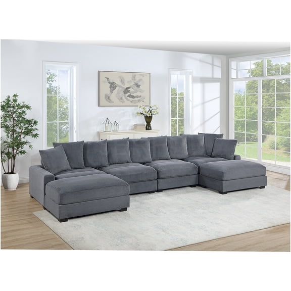 JERFIT Dark Gray 6-Piece Modular Sectional Sofa Set with Ottomans, Corduroy Fabric, Convertible Contemporary Living Room Furniture