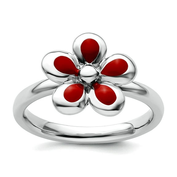 925 Sterling Silver Stackable Polished Red Enameled Flower Ring Size 10 Stackable Ring for Women