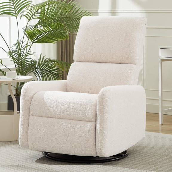 Swivel Rocking Glider Chair With Side Storage Pockets, Ergonomic Recliner For Living Room, Modern Sherpa Accent Seat Furniture, White, One Piece