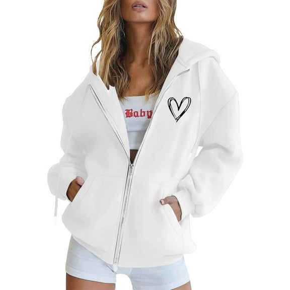 Womens Zip Up Hoodies Long Sleeve Oversized Sweatshirts Y2k Jackets with Heart Print Design (White L)