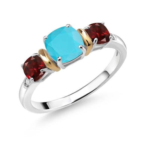 Gem Stone King 1.78 Ct Cushion Green Turquoise Red Garnet 925 Silver and 10K Yellow Gold Diamond 3-Stone Ring (Size 6)