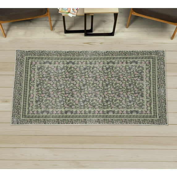 Vintage Decorative Rug, Pastel Blossoming and Burgeoning Ethnic Flowers in Bohemian Details, Quality Carpet for Bedroom Dorm and Living Room, 6 Sizes, Pale Green, by Ambesonne