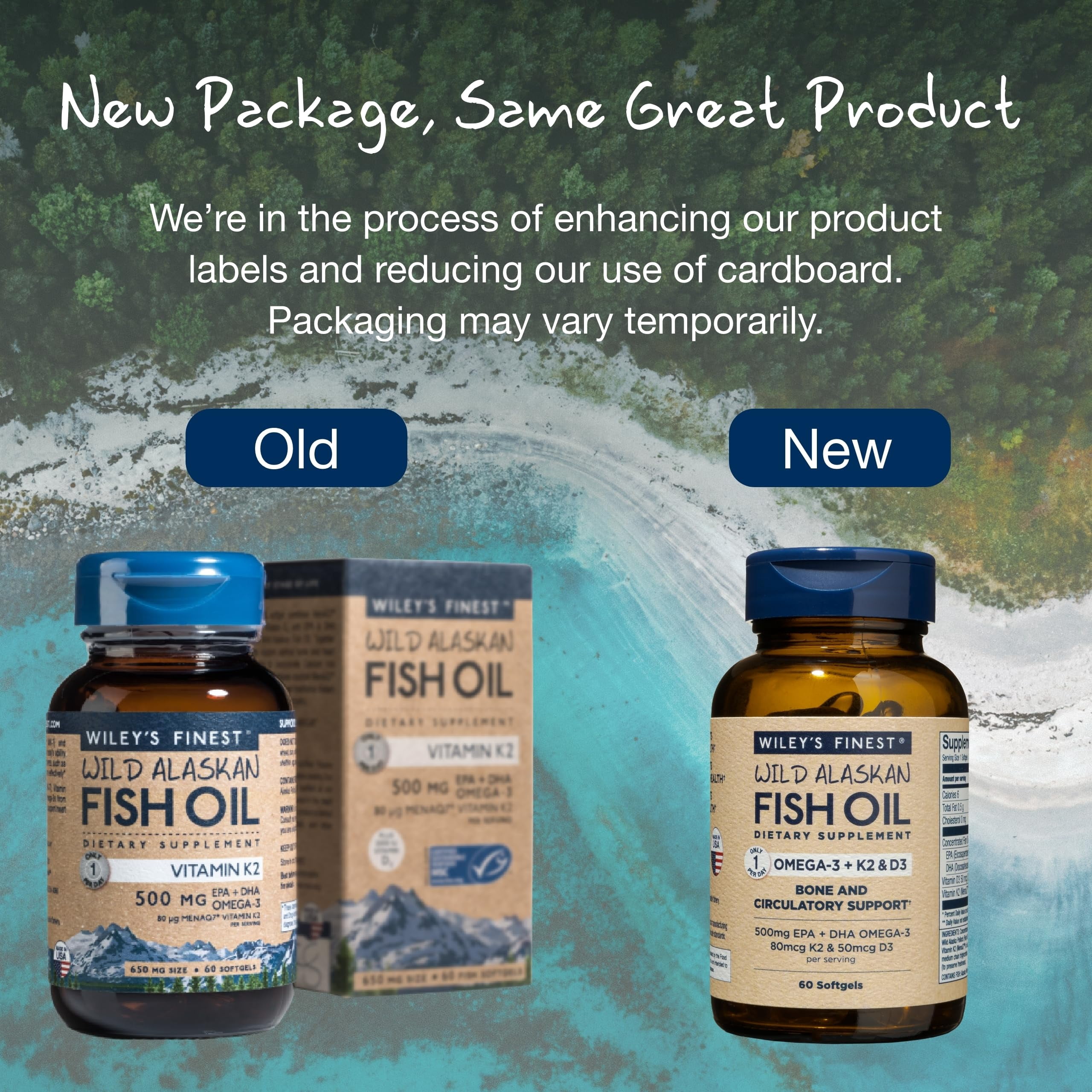 Wiley’s Finest Wild Alaskan Fish Oil Vitamin K2 & D3 Softgels - 500mg of EPA and DHA Omega-3s for Bone and Heart Health Support - 60 Softgels (60 Servings)