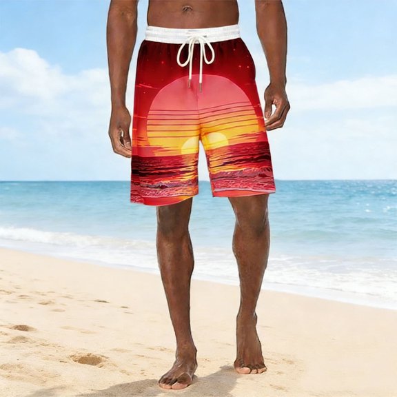 Mifsaly Vacation Shorts Men Sunset Scene Printed Beach Shorts Drawstring Elastic Waist Loose Casual Beachwear Comfortable Summer Short Pants With Pockets