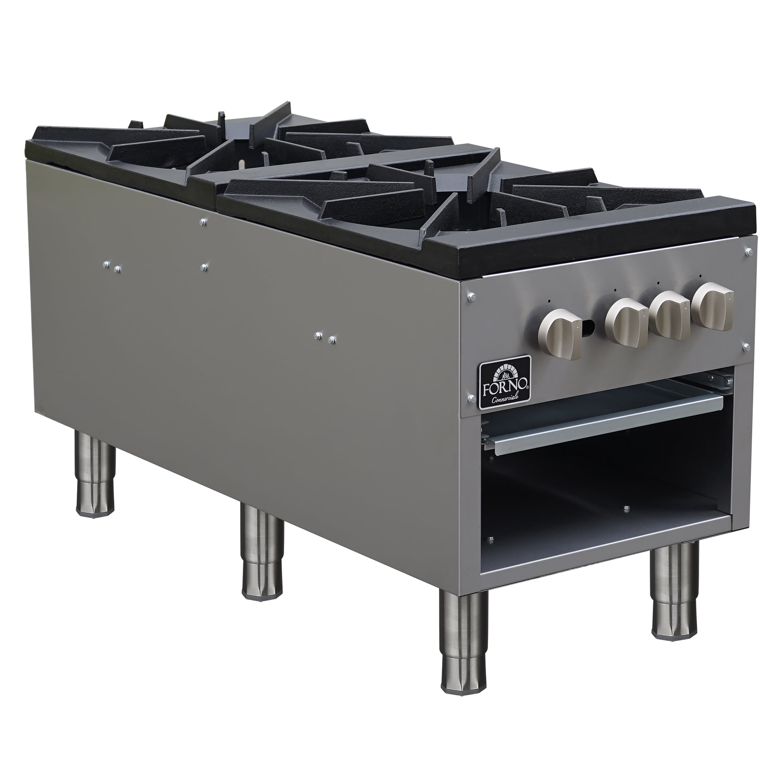 Forno Commerciale gas stock pot range, 2 powerful 3-ring burners, 160,000 BTU, durable stainless steel, heavy-duty cast iron grates