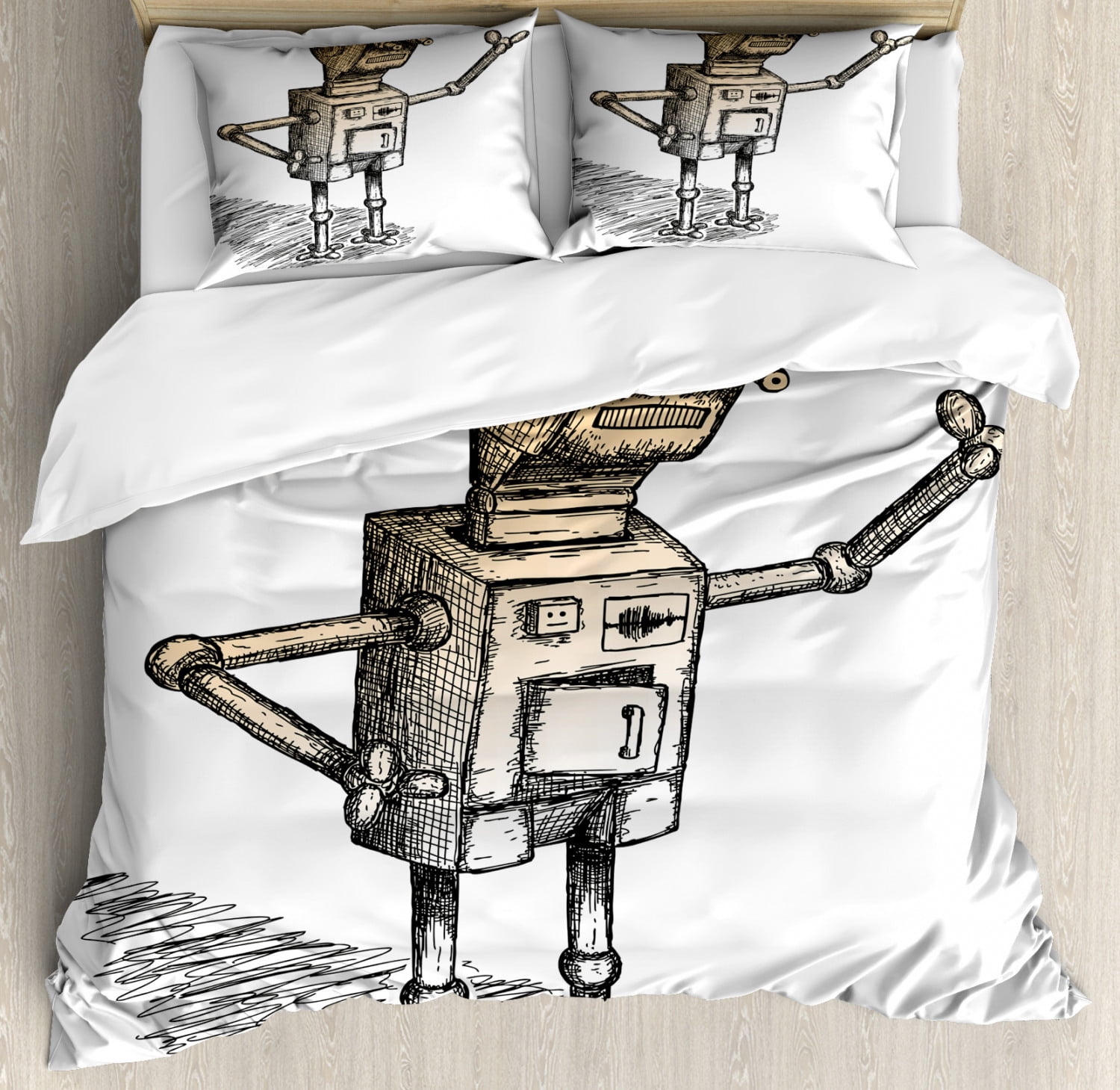 Queen Size Black and White Robot Sketch Duvet Cover Set