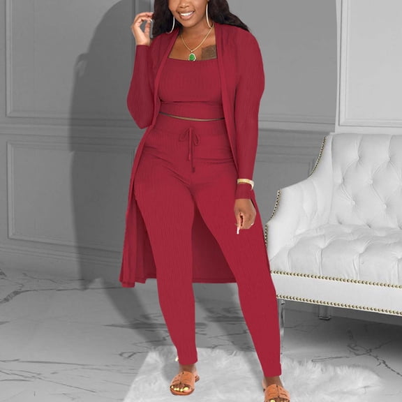 Heisall Women's Fashion Solid Color Three Piece Set Round Neck Top and Elastic Waist Pocket Free Pants Matching Set