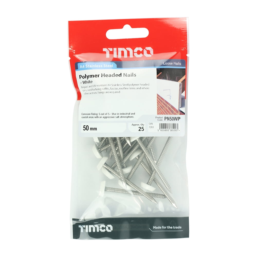Timco - Polymer Headed Pins - Stainless Steel - White (Size 50mm - 25 Pieces)