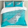 thumbnail image 1 of Narwhal King Size Duvet Cover Set, Cartoon Style Drawing of an Arctic Narwhal Whale with White Spots Aquatic, Decorative 3 Piece Bedding Set with 2 Pillow Shams, Seafoam Grey White, by Ambesonne, 1 of 3
