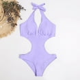thumbnail image 4 of Fartey Tummy Control One Piece Swimsuit for Women Fashion Elegant Halter Deep V Neck Bathing Suit Solid Color Cutout Swimsuits Casual Summer Beach Swimwear Purple S-XL, 4 of 6