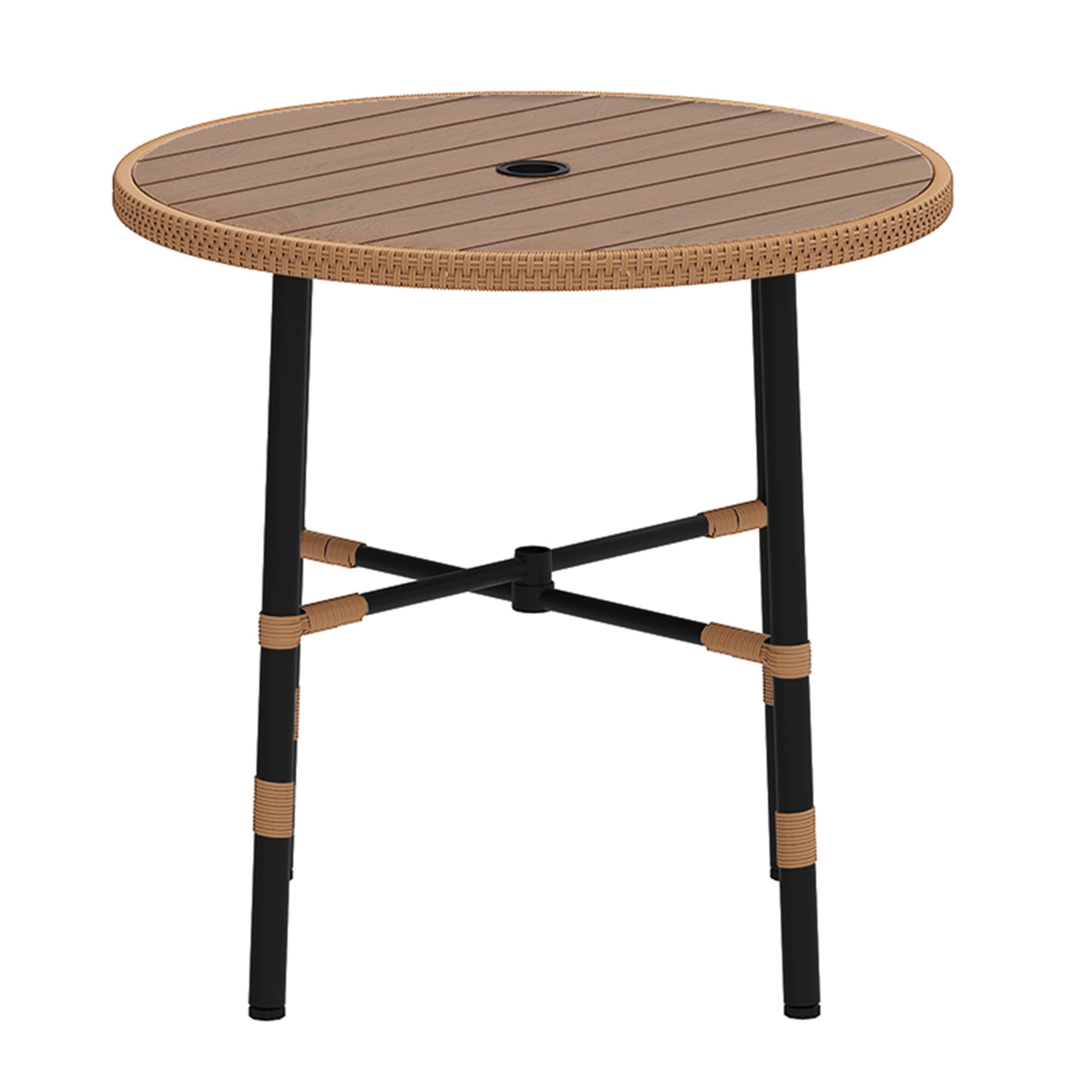 Uforic Round Outdoor Dining Table for 4, 35.4" x 30.3" All-Weather Patio Bistro Table with 2.2" Umbrella Hole, Adjustable Levelers, Metal Frame and Faux Wood Tabletop for Backyard Garden