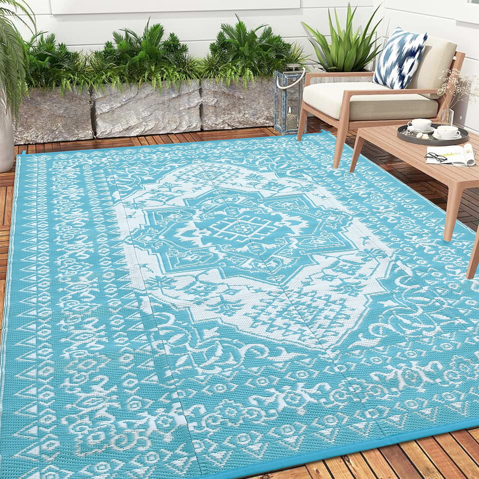 ZACOO Outdoor Reversible Mats Geometric Plastic Straw Rug Waterproof 9x12 Feet Reversible Patio Rug Outdoor Camping Rug for Beach, Blue/White