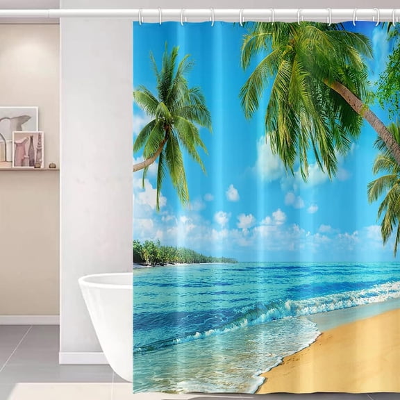 Summer Shower Curtain Beach Sea Scenery Shower Curtain Set for Bathroom with Hooks Green Palm Trees Leaves Waterproof Shower Curtains 84x72 inches
