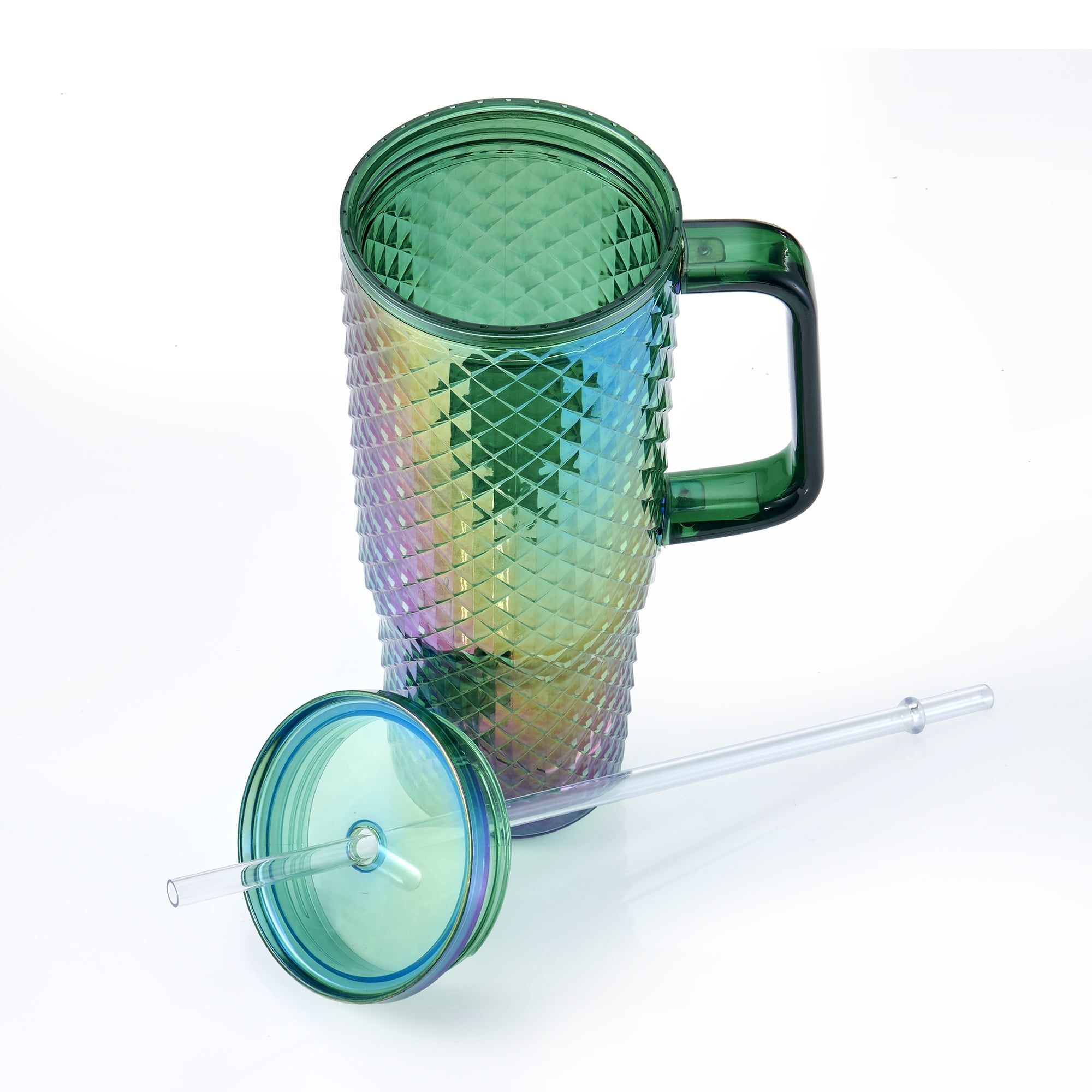 Mainstays 30oz Textured Tumbler with Straw and Handle, Diamond Iridescent Green, 30oz, Plastic Double Wall Insulated