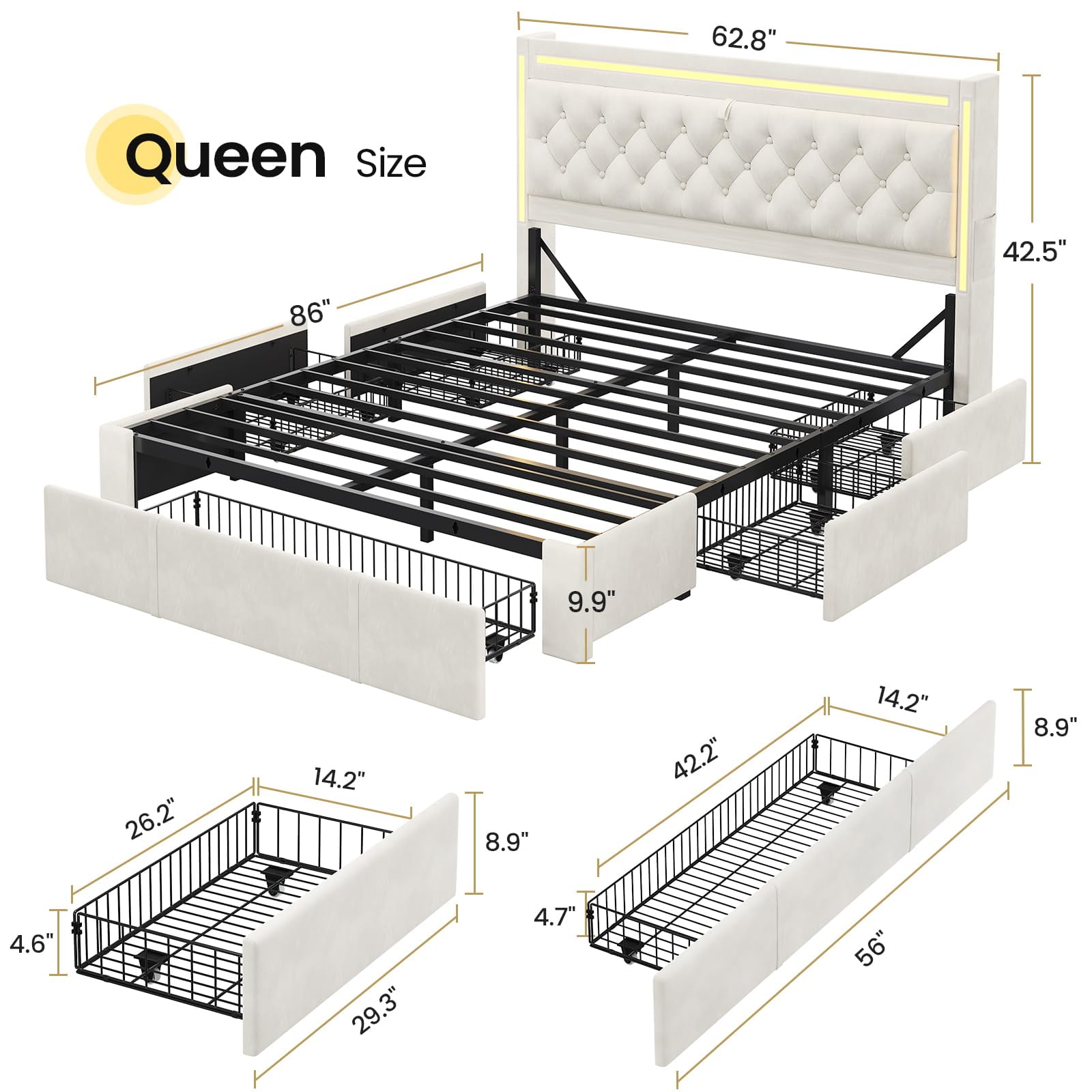 Amuzer  Bed Frame Queen Size with 5 Storage Drawers, Hidden Storage Headboard with LED Light,Charging Station, Velvet Button Tufted Headboard Upholstered Platform Bed, Beige