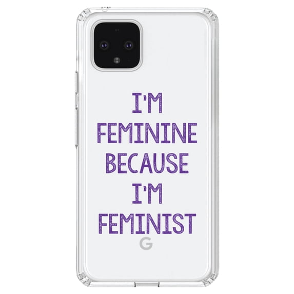 DistinctInk Clear Shockproof Hybrid Case for Google Pixel 4 XL (6.3" Screen) - TPU Bumper Acrylic Back Tempered Glass Screen Protector - I'm Feminine Because I'm Feminist