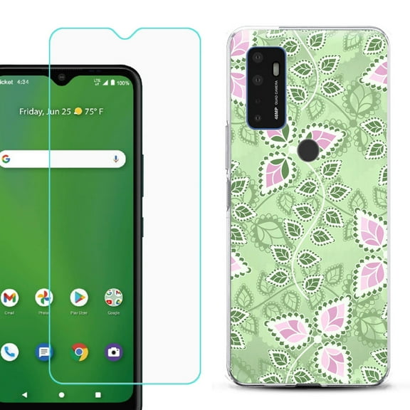 Shockproof Bumper Phone Case for AT&T Radiant Max 5G / Fusion 5G, with Tempered Glass Screen Protector, by OneToughShield ® - Leaf Pink Green